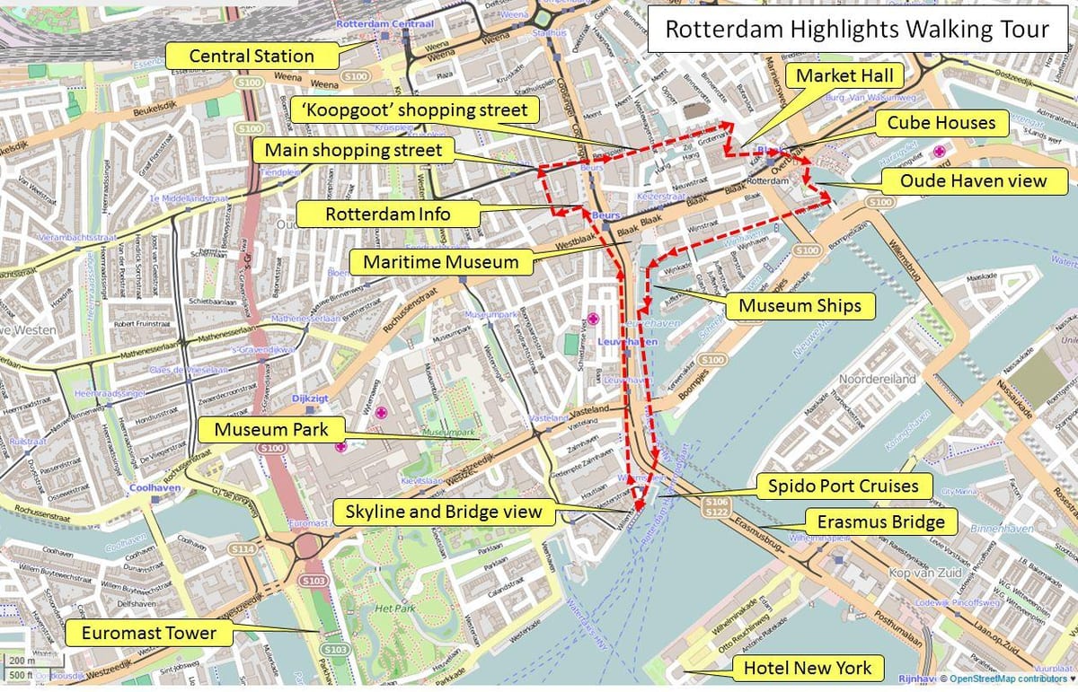 Kaart van Rotterdam loop toer 